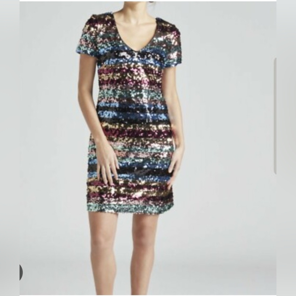 ECI New York Black and Multicolor Striped Sequin Dress Size Medium